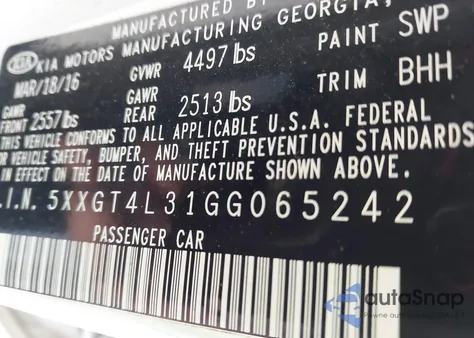 2016 Kia Optima Lx из США, поврежденный, VIN 5XXGT4L31GG065242